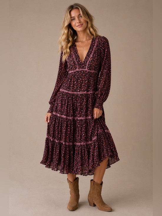 Free People Dresses & Skirts - Free People Floral Boho Midi Dress Womens 10 Velvet Trim Tiered Long Sleeve